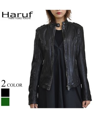 Haruf/シングルライダースジャケット レザージャケット 革ジャン レディース 本革 ラムレザー 羊革 ビンテージ ジャケット ブラック 黒 オリーブ 秋冬 L3683/503769163