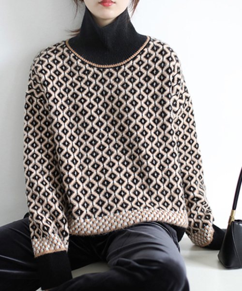 セール ニットトップス 幾何学柄 レディース おしゃれ ハイネック ニットセーター アーガイル柄 プルオーバー レトロ ニットソー韓国風 ミニミニストア Miniministore Magaseek