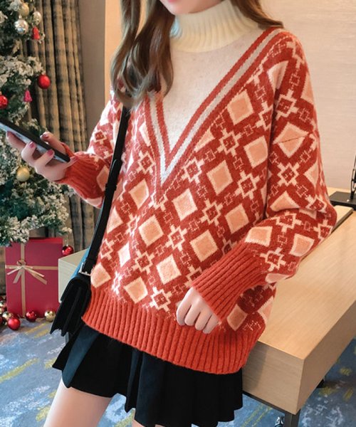 セール エスニック レディース セーター アーガイル柄ニット長袖 おしゃれ かわいい 韓国風大人カジュアル ハイネック ミニミニストア Miniministore Magaseek