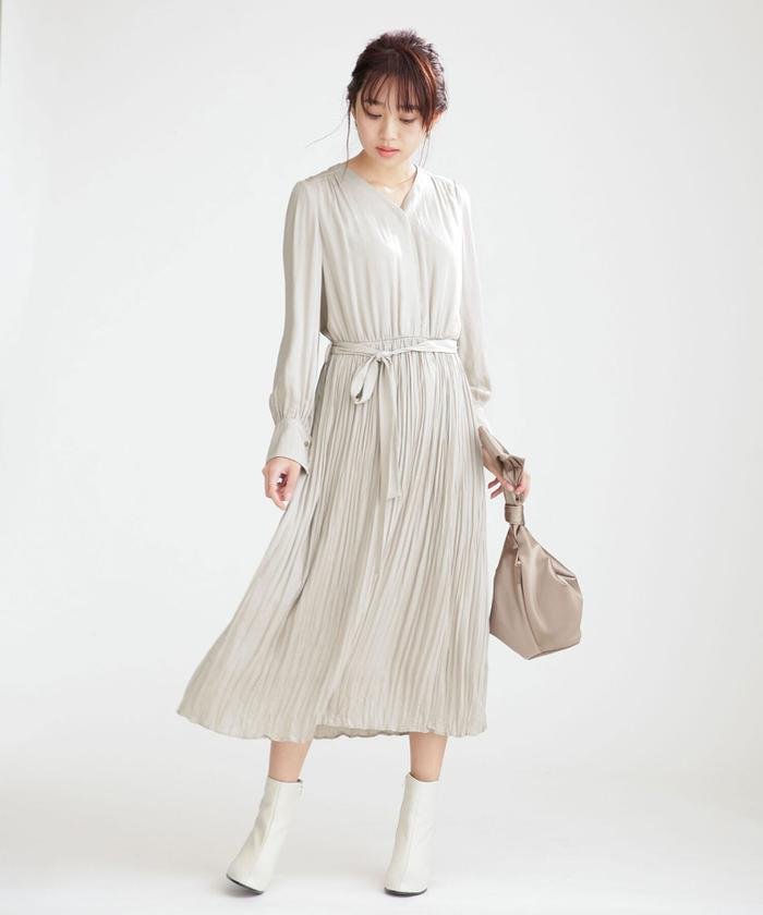 セール ナノ ユニバース Nano Universe ヴィンテージ風サテンプリーツワンピース 長袖 Magaseek