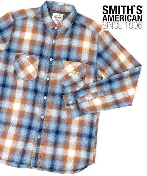 LAZAR(ラザル)/【Lazar】SMITH'S AMERICAN/スミス アメリカン オンブレチェック ロゴ刺繍 ワークシャツ/ブルー