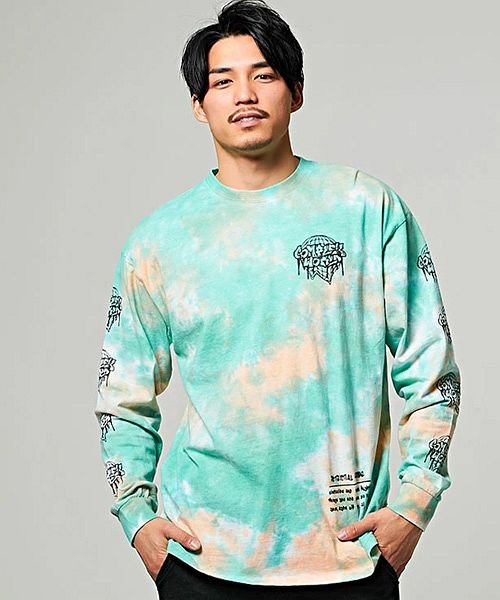 CavariA(キャバリア)/CavariA【キャバリア】バック総プリントタイダイ染めクルーネック長袖Tシャツ/オレンジ