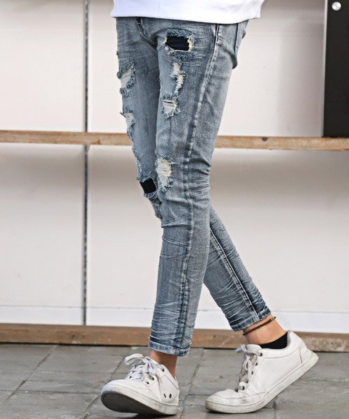 セール 15 Off ダメージリペアアンクルスキニーパンツ スキニー デニム パンツ メンズ ダメージ ストレッチ ラグスタイル Luxstyle Magaseek