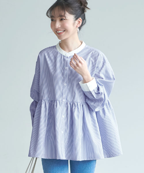 【しわになりにくい】ストライプAラインブラウス 侵攻 Aラインブラウス Tシャツ/カットソー(半袖/袖なし)