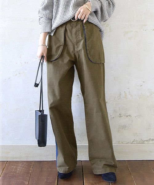 アーミークロス デニム切替ワイドパンツ F レディース 春秋冬 ボトムス パンツ カーキ チャコール デニム ワークパンツ 切り替え ゆったり 楽ちん ワイド アンドイット And It Magaseek