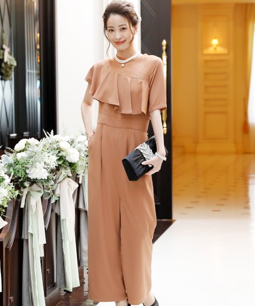 ショルダーレースパンツドレス お呼ばれ・二次会・セレモニー大きいサイズ対応フォーマルパーティードレス 結婚式 ワンピース ハイネックショルダーフリルワンピース P1385356895 (10595円)