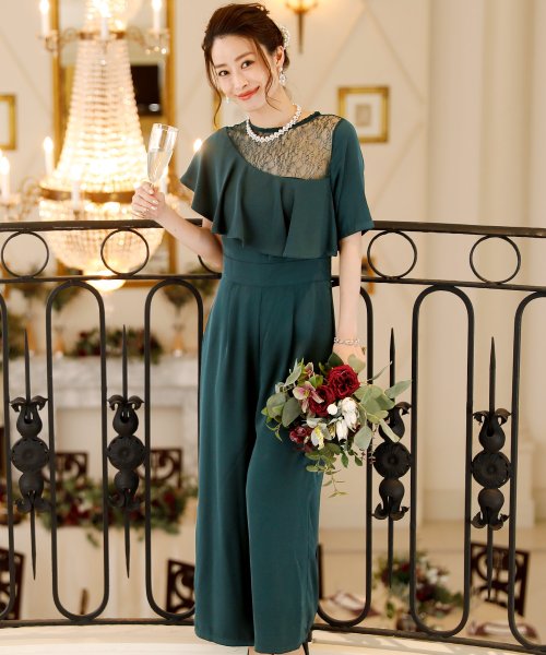 ショルダーレースパンツドレス お呼ばれ・二次会・セレモニー大きいサイズ対応フォーマルパーティードレス 結婚式 ワンピース ハイネックショルダーフリルワンピース P1385356895 (10595円)