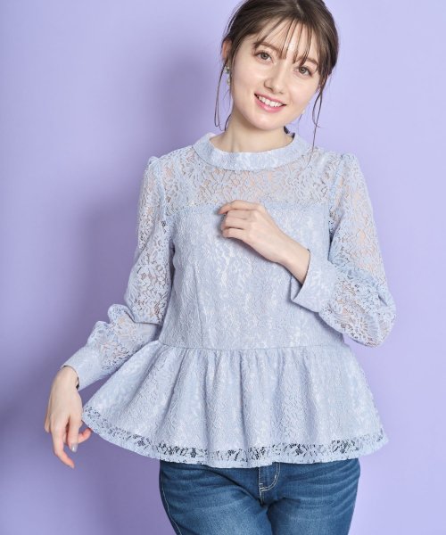 tocco closet(トッコクローゼット)/プチハイネック総レースペプラムブラウス/L-blue