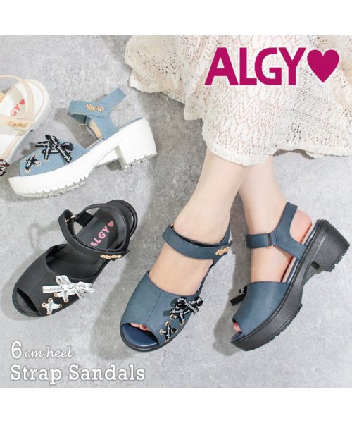 Algy ストラップ サンダル リボン アルジー 厚底 女の子 ガーリー カジュアル ティーンズ キッズ ジュニア かわいい おしゃれ ブラック ロゴ 通学 学 Algy Algy Magaseek