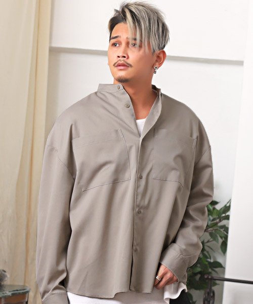 スタンドカラーbigシャツ 長袖シャツ メンズ ビッグシルエット スタンドカラー 無地 ラグスタイル Luxstyle Magaseek