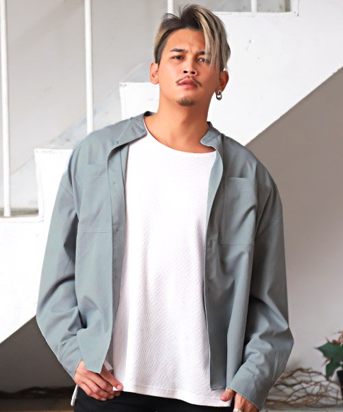 セール スタンドカラーbigシャツ 長袖シャツ メンズ ビッグシルエット スタンドカラー 無地 ラグスタイル Luxstyle Magaseek