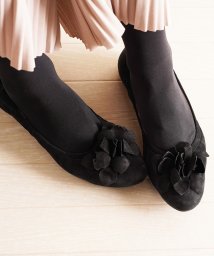 sankyoshokai(サンキョウショウカイ)/フラワー付きバレエシューズレディース靴ボロネーゼ製法/ブラック系1