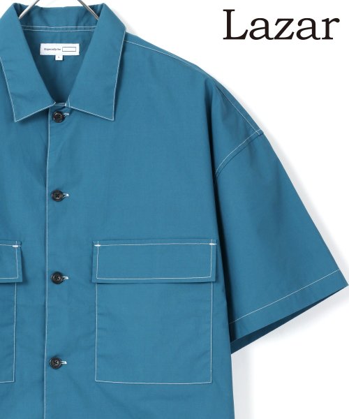 LAZAR(ラザル)/【Lazar】T/Cブロード ビッグシルエット ステッチ CPOシャツ/ブルー