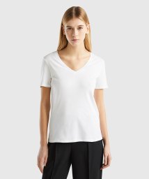 BENETTON (women)(ベネトン（レディース）)/コットン100％無地Vネック半袖Tシャツ・カットソー/ホワイト