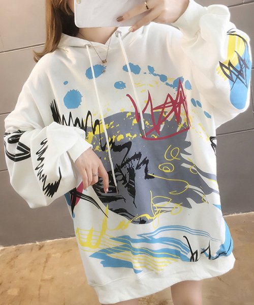 セール ペイント柄 パーカー レディース 長袖 パーカートレーナ ゆったり 着やせ スウェットパーカー 薄手 トップス おしゃれ 韓国風 ミニミニストア Miniministore Magaseek