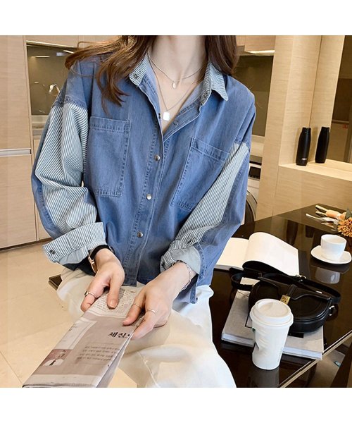 セール デニム風シャツ レディース 異素材切替 シャツブラウス カジュアル 長袖シャツ 春服 胸ポケット トップス 羽織り おしゃれ ミニミニストア Miniministore Magaseek