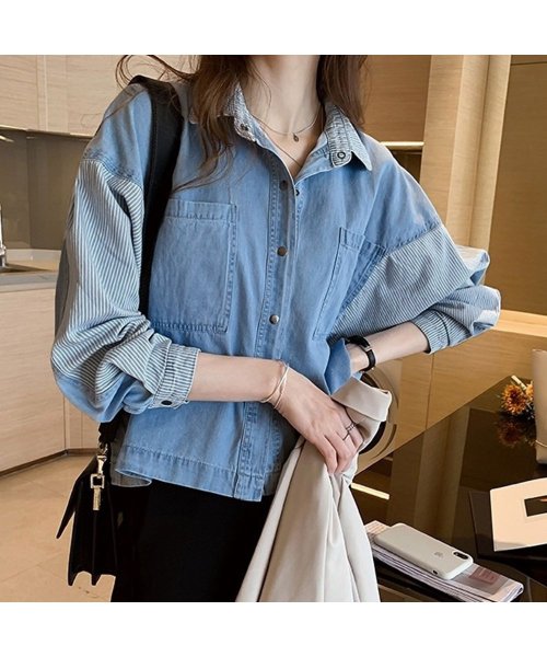 クーポン開催中 セール 17 Off デニム風シャツ レディース 異素材切替 シャツブラウス カジュアル 長袖シャツ 春服 胸ポケット トップス 羽織り おしゃれ ミニミニストア Miniministore Magaseek