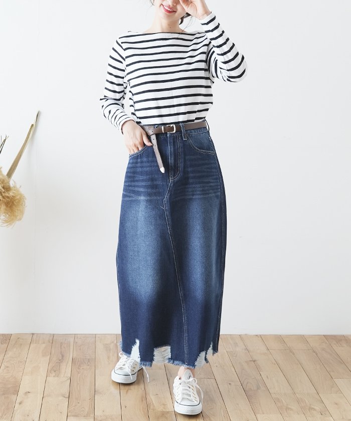 セール デニムスカート ダメージデニム スカート ロングスカート 裾ダメージロングデニムスカート フューティアランド Futier Land Magaseek