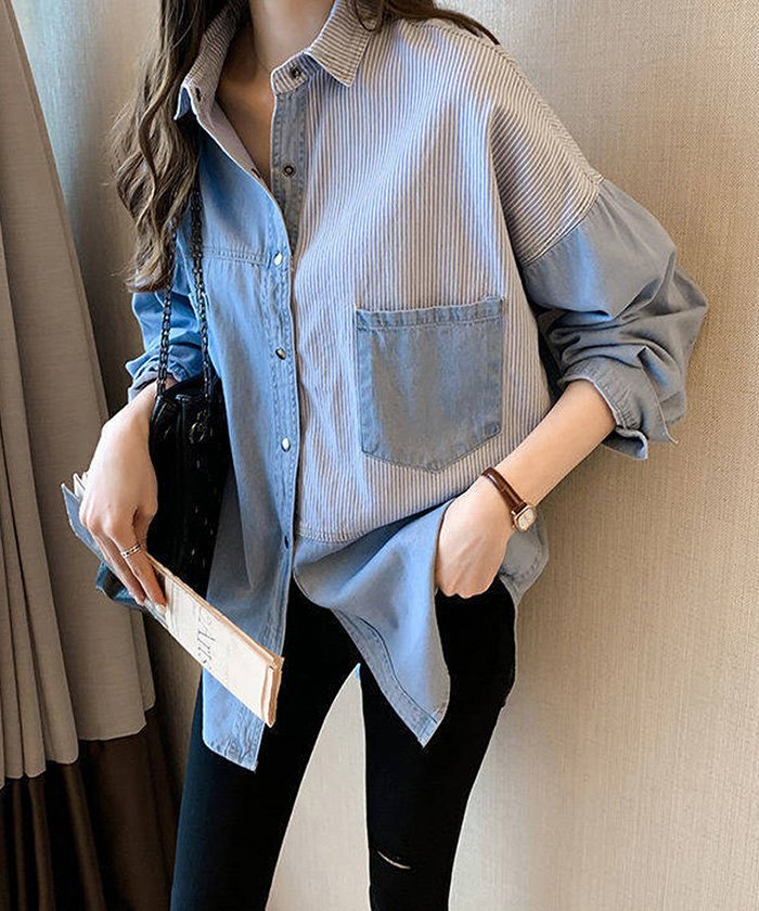 セール 25 Off デニム風シャツブラウス レディース 長袖シャツ 春服 切り替え トップス ストライプ柄シャツ 着やせ 異素材切替シャツ おしゃれ ミニミニストア Miniministore Magaseek
