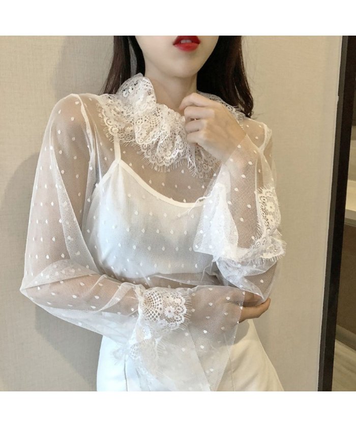 セール シアーブラウス レディース レーストップス 透け感 フレアスリーブ シースルー プチハイネック カットソー 大人可愛い ミニミニストア Miniministore Magaseek