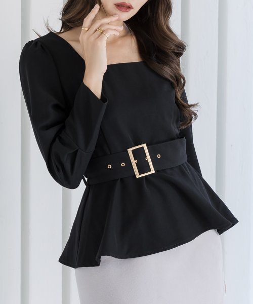 セール ベルト付きスクエアネックペプラムブラウス トップス トップス レディース カットソー 春夏 韓国 黒 長袖 ペプラム スクエアネック ブラック ジュリアブティック Julia Boutique Magaseek
