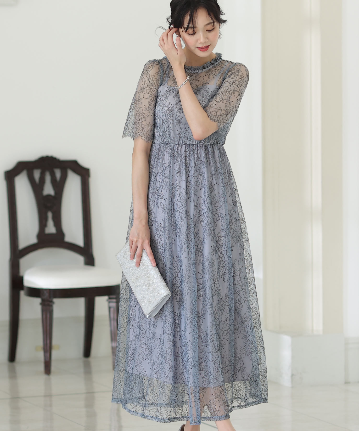 バックリボンシアードレス ロングスカート/結婚式ワンピース・同窓会