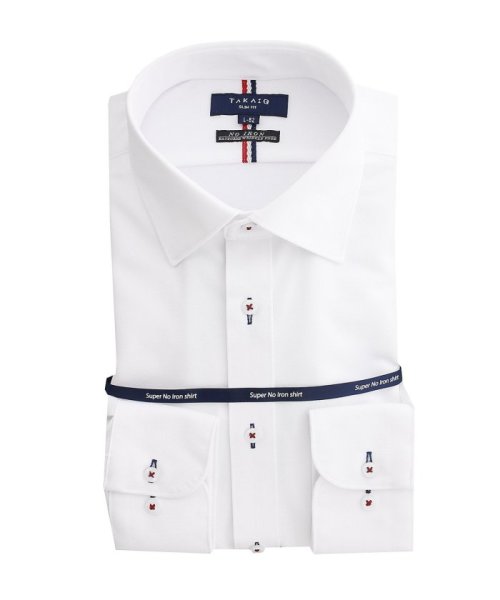 TAKA-Q(タカキュー)/ノーアイロンストレッチ スリムフィットワイドカラー長袖ニットシャツ/ホワイト