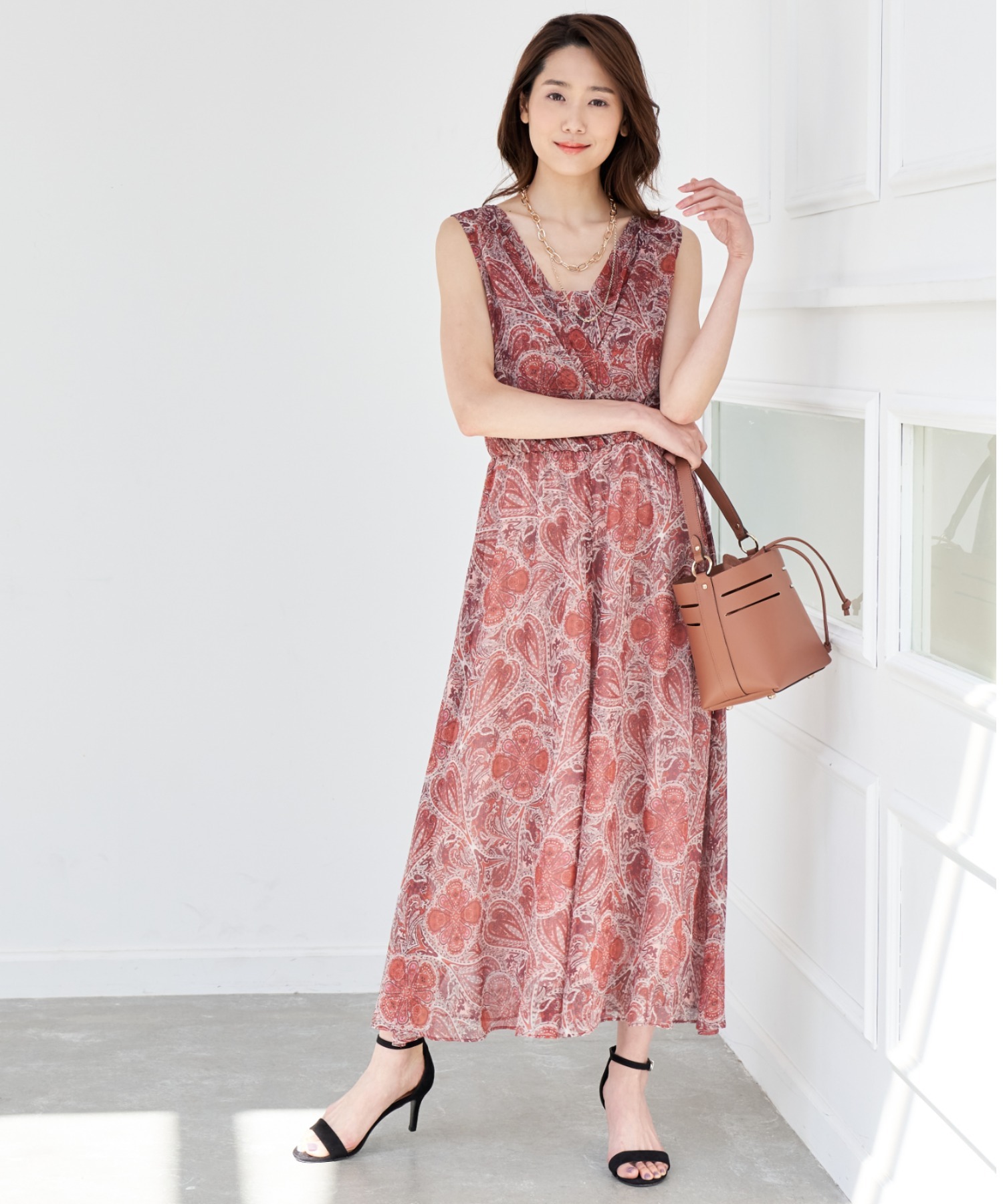 アナイ ヨーリューペイズリープリントオールインワン レッド系 サイズ36