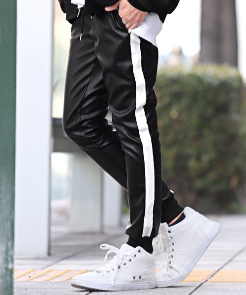 セール Puレザージョガーパンツ レザーパンツ ジョガーパンツ メンズ Puレザー フェイクレザー サイドライン ラグスタイル Luxstyle Magaseek