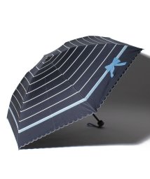 LANVIN en Bleu(umbrella)(ランバンオンブルー（傘）)/LANVIN en Bleu（ランバン オン ブルー）晴雨兼用折りたたみ日傘　りぼんボーダー×スカラ刺繍/ディープブルー