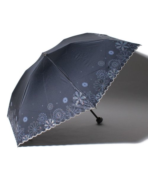LANVIN en Bleu(umbrella)(ランバンオンブルー（傘）)/LANVIN en Bleu（ランバン オン ブルー）晴雨兼用折りたたみ日傘　グリッター花×スカラ刺繍/ディープブルー