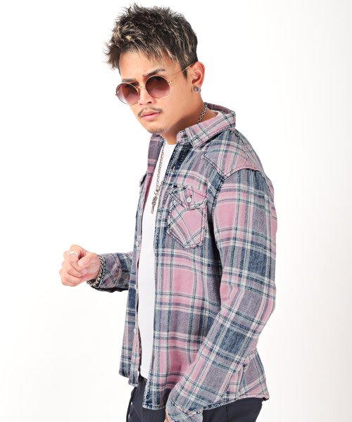 セール インディゴチェックシャツ シャツ メンズ 長袖 チェックシャツ 先染め ウエスタン ラグスタイル Luxstyle Magaseek