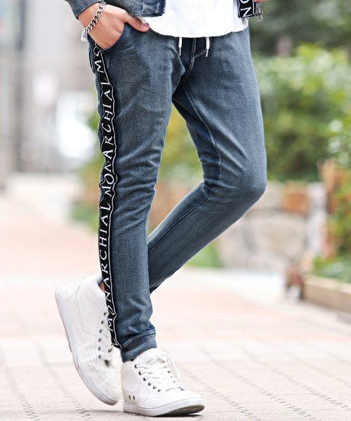 セール カットデニムロゴテープジョガーパンツ ジョガーパンツ メンズ カットデニム サイドライン ロゴ ラグスタイル Luxstyle Magaseek