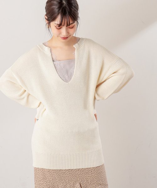 NICE CLAUP OUTLET(ナイスクラップ　アウトレット)/【natural couture】深Vスリット片畦ニット/オフ