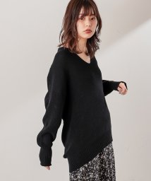 NICE CLAUP OUTLET(ナイスクラップ　アウトレット)/【natural couture】深Vスリット片畦ニット/ブラック