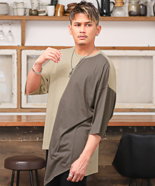 日本製 【タグ付き】カラー☆アシンメトリーデザイン天竺Tシャツ 国内
