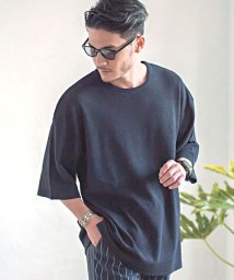 CavariA(キャバリア)/CavariA 12G麻タッチ鹿の子編みクルーネック5分袖Tシャツ/ネイビー