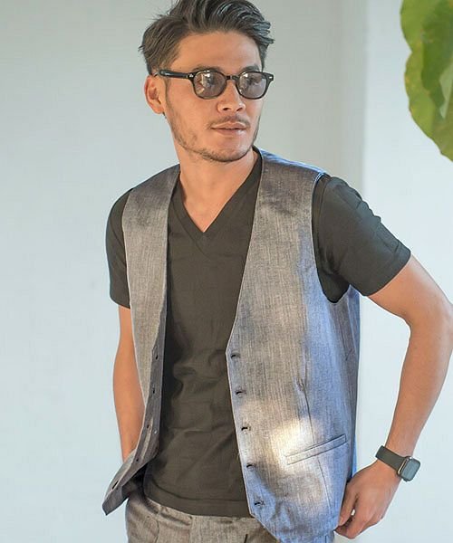 Cavaria かすれ織りベスト スラックス Vネック半袖tシャツ3点セット キャバリア Cavaria Magaseek