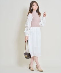 tocco closet(トッコクローゼット)/レイヤード風ボリュームスリーブリブニット切替ワンピース/BEIGE