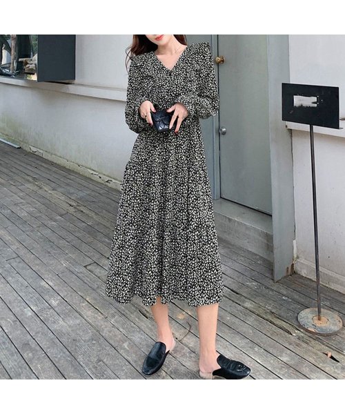 ワンピース レディース 花柄ワンピース 長袖 ロング丈 シフォンワンピ 体型カバー フレアスカート 春服40代 きれいめ ミニミニストア Miniministore Magaseek