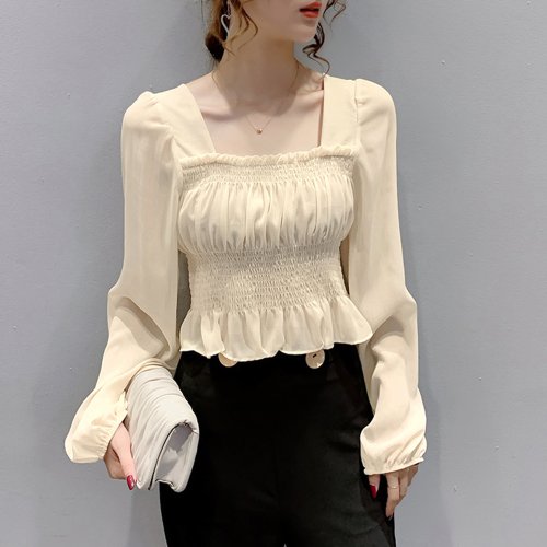 セール シフォンブラウス チューブトップ付き パフスリーブ 長袖ブラウス スクエアネック シャーリングトップス 透け感 フィット ミニミニストア Miniministore Magaseek