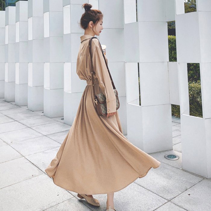 シャツワンピース ロング レディース ウエストマーク パーティーワンピース きれいめ 大人 長袖ワンピ Vネック ドレスワンピース ミニミニストア Miniministore Magaseek