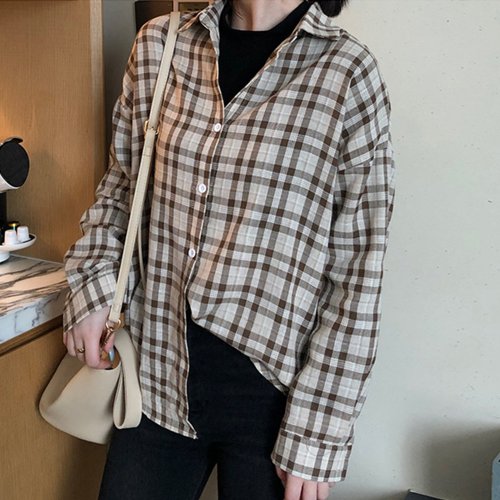 チェック柄シャツ レディース シャツブラウス 春夏秋 開襟シャツ 長袖ドロップショルダー チェックブラウス カジュアル韓国風 ミニミニストア Miniministore Magaseek