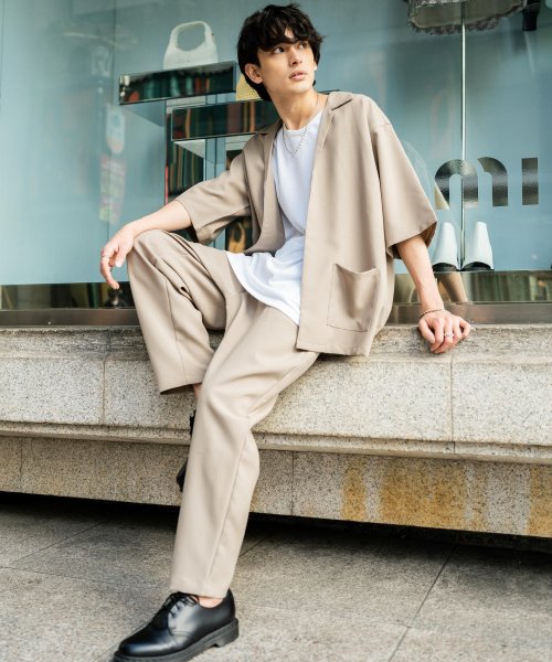 半袖セットアップ メンズ シャツジャケット ワイドパンツ タンクトップ ノースリーブtシャツ インナー 5分袖 きれいめ 無地 シンプル オーバーサイズ テーパ ロッキーモンロー Rocky Monroe Magaseek