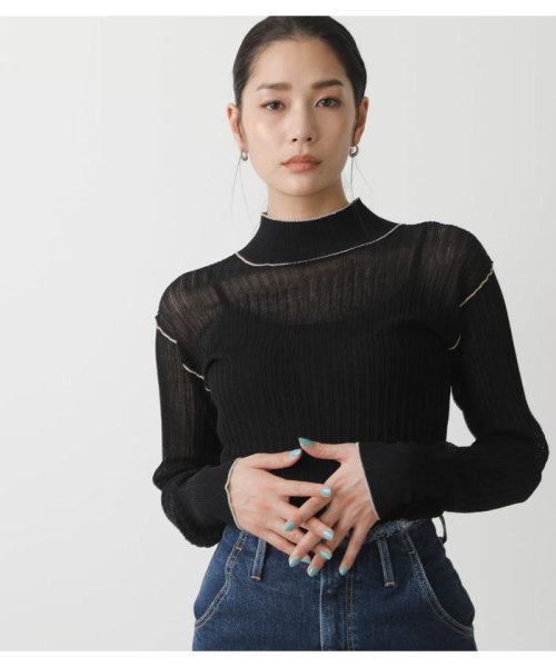 AZUL by moussy(アズールバイマウジー)/SHEER COLOR STITCH KNIT TOPS/BLK