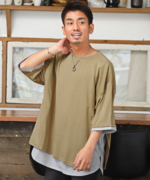 セール T R天竺ストライプ柄フェイクレイヤードtシャツ Tシャツ メンズ 半袖 フェイクレイヤード ストライプ 無地 ラグスタイル Luxstyle Magaseek