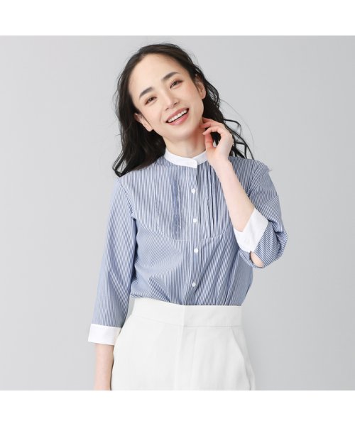 TOKYO SHIRTS(TOKYO SHIRTS)/形態安定 スタンド衿 綿100% 七分袖デザインシャツ/ブルー