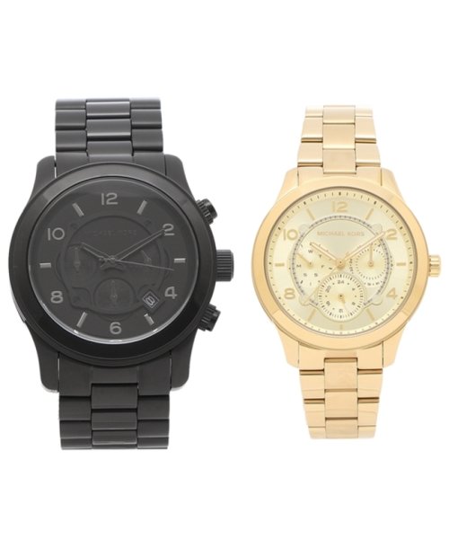 マイケルコース 時計 ペアウォッチ レディース メンズ ランウェイ 42mm 38mm クォーツ ブラック イエローゴールド Mk8157 Mk65 マイケルコース Michael Michael Kors Magaseek