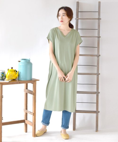 きちんと見え イージーカットソー Vネック フレンチスリーブワンピース ミディアム ズーティー Zootie Magaseek