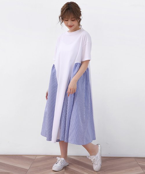 セール ロングワンピース 半袖 フレア ストライプ ドゥーベル Doux Belle Magaseek